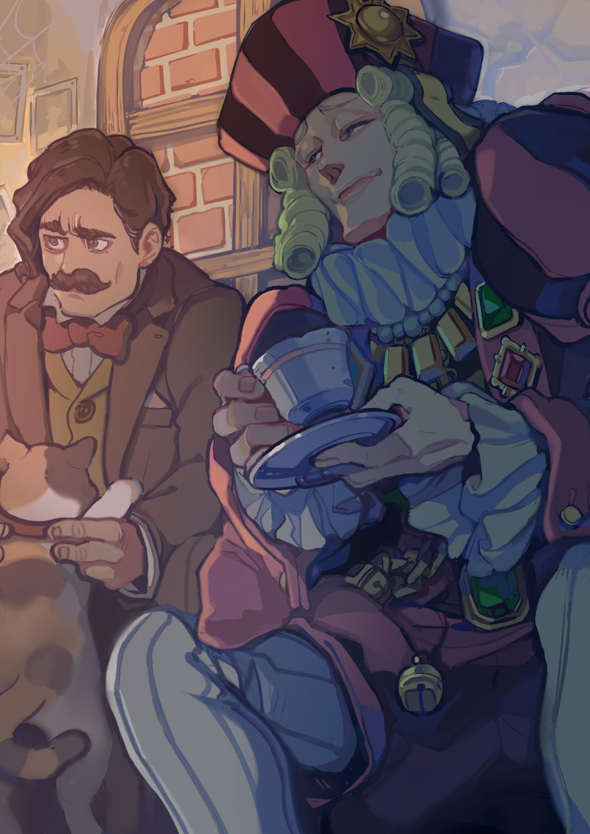 2boys, ace_attorney, animal, black_hair, blonde_hair, bow, bowtie, cat, cup, facial_hair, gem, green_gemstone, hat, highres, holding, holding_animal, holding_cup, indoors, jacket, jewelry, juliet_sleeves, long_sleeves, male_focus, multiple_boys, mustache, necklace, pink_headwear, puffy_sleeves, red_bow, red_bowtie, red_gemstone, short_hair, sitting, smile, soseki_natsume, tanaotanako, the_great_ace_attorney, the_great_ace_attorney_2:_resolve, wagahai_(ace_attorney), william_shamspeare