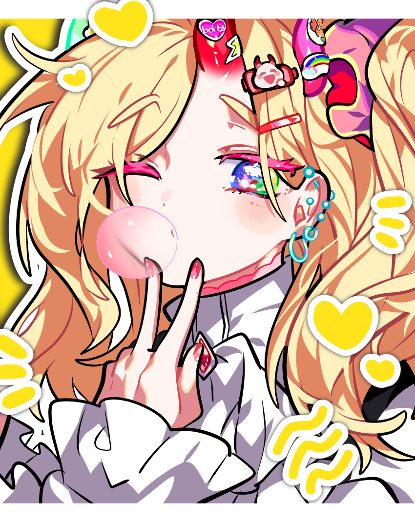 1boy, absurdres, blinking, blonde_hair, bubble_blowing, candy, chewing_gum, colored_eyelashes, food, gem, girly_boy, heart, highres, long_hair, looking_at_viewer, male_focus, multicolored_eyes, omoyu_(nakyu715), otoko_no_ko, paimon_(what_in_hell_is_bad), red_gemstone, solo, what_in_hell_is_bad
