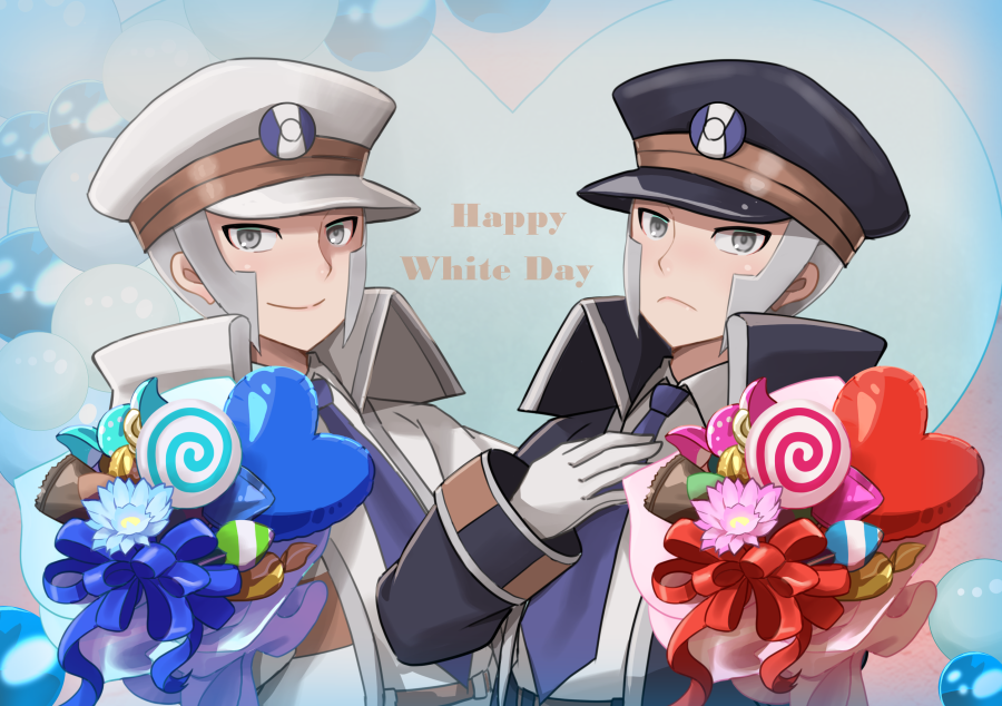 2boys, black_coat, black_headwear, blue_necktie, brothers, candy, closed_mouth, coat