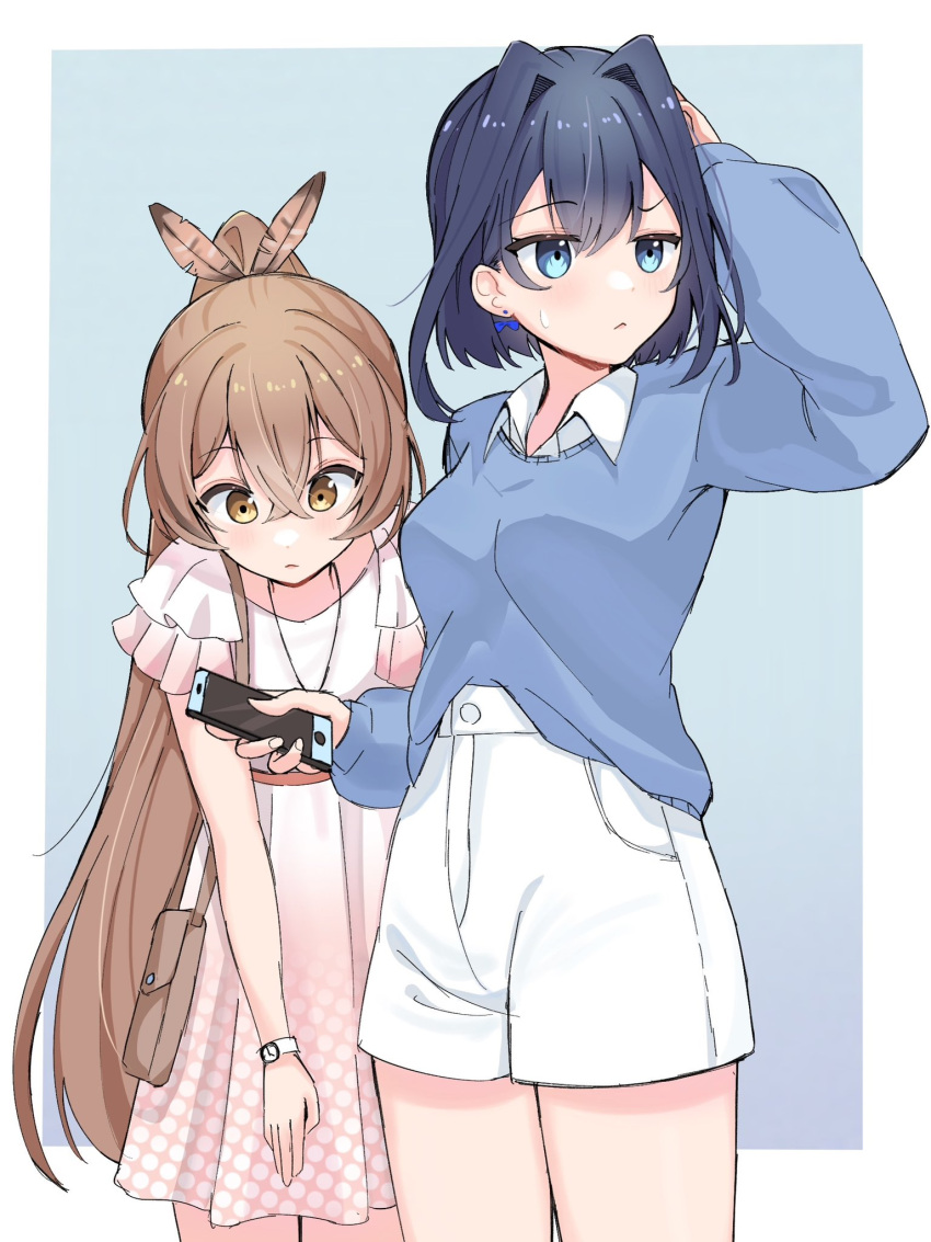 2girls, blue_background, blue_eyes, blue_hair, blue_shirt, border, brown_eyes, brown_hair