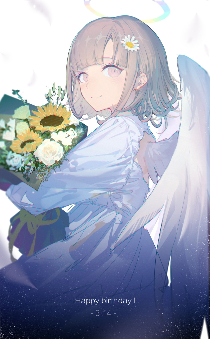 1girl, alternate_costume, alternate_hair_ornament, angel, back_cutout, bouquet, brown_eyes, brown_hair