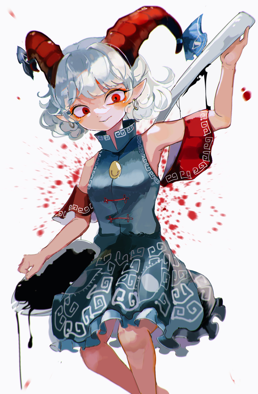 1girl, absurdres, bare_shoulders, blue_dress, breasts, comkdom, dress, earrings