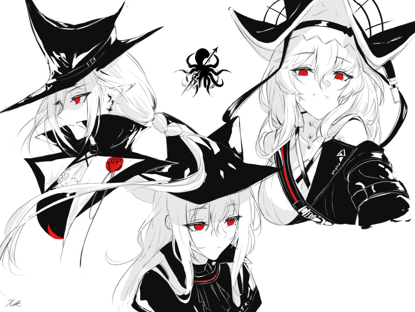 arknights, ascot, bare_shoulders, braid, breasts, closed_mouth, cropped_torso, earrings