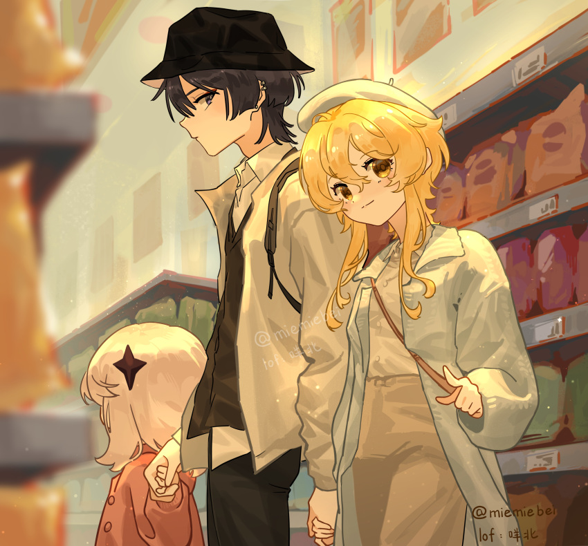 1boy, 2girls, absurdres, alternate_costume, backpack, bag, beret, black_hair