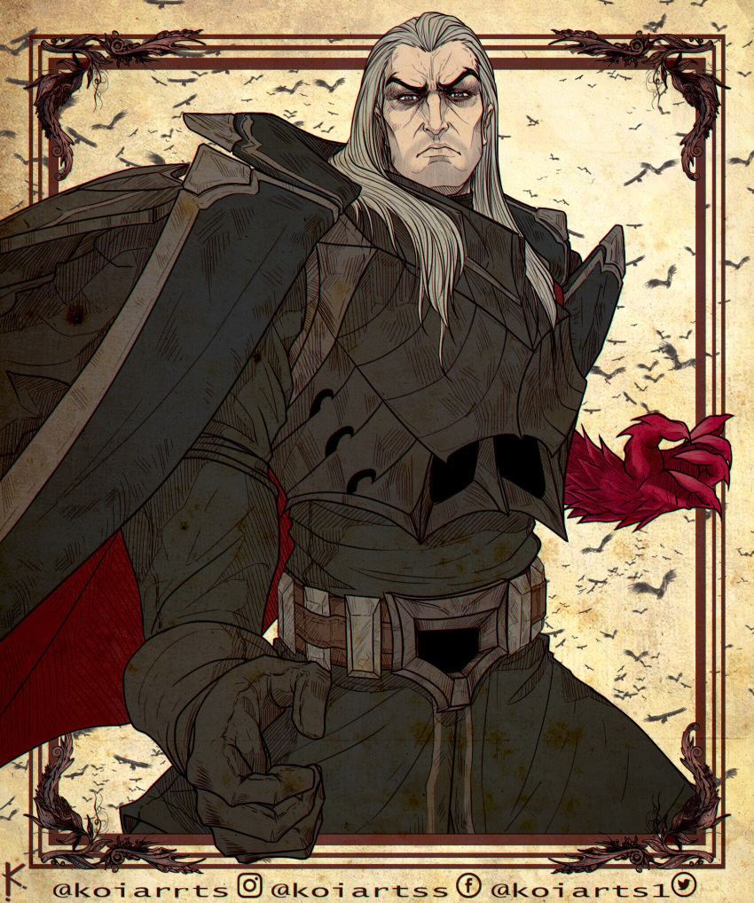 1boy, animal, armor, artist_name, belt, bird, black_jacket, breastplate
