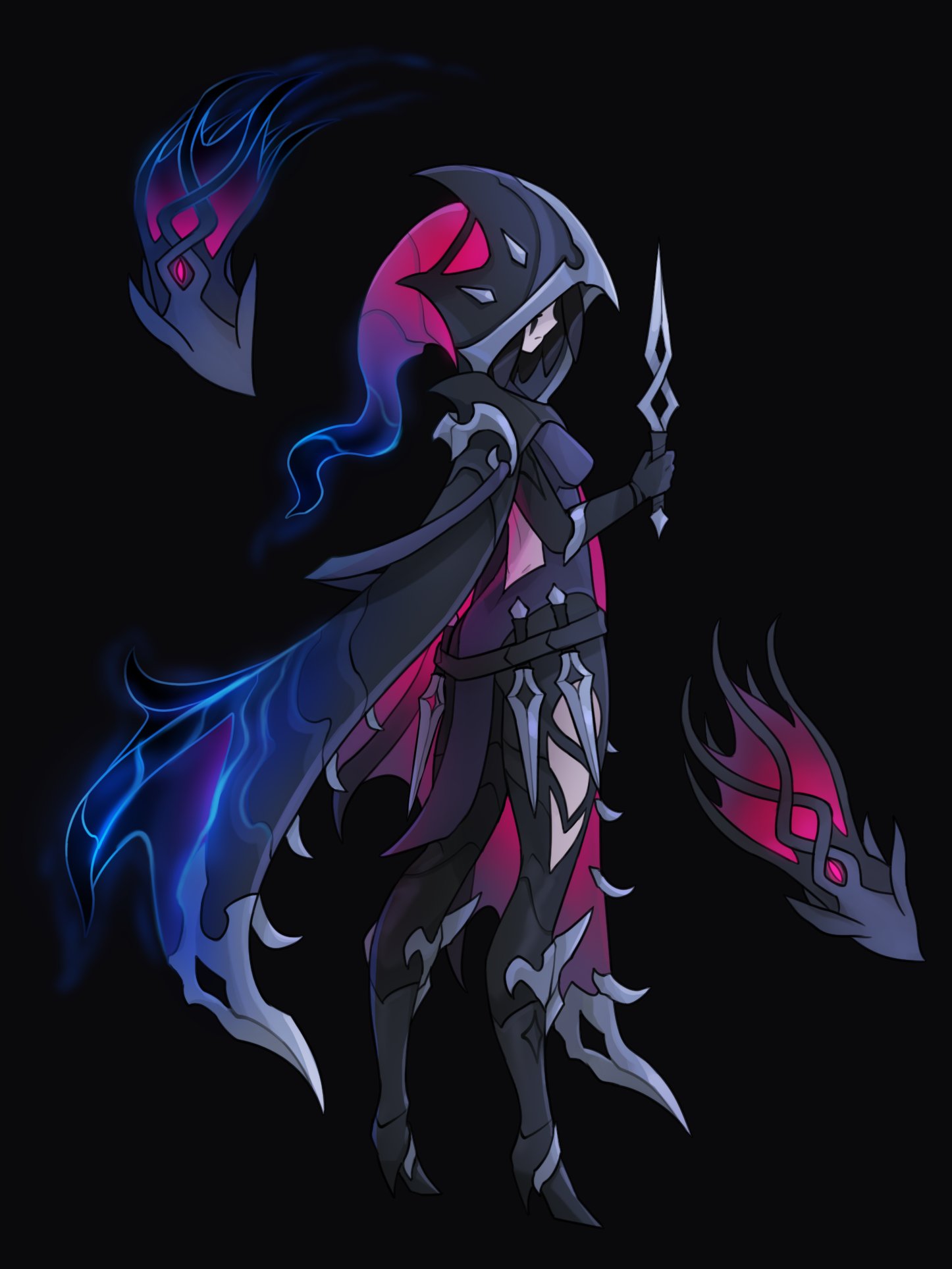 1girl, backless_outfit, belt, black_background, black_gloves, black_hair, boots, cloak, dagger, from_side, full_body, gloves, high_heel_boots, high_heels, highres, holding, holding_dagger, holding_knife, holding_weapon, hood, hood_up, hooded_cloak, knife, original, pale_skin, solo, squeaky_(artist), weapon