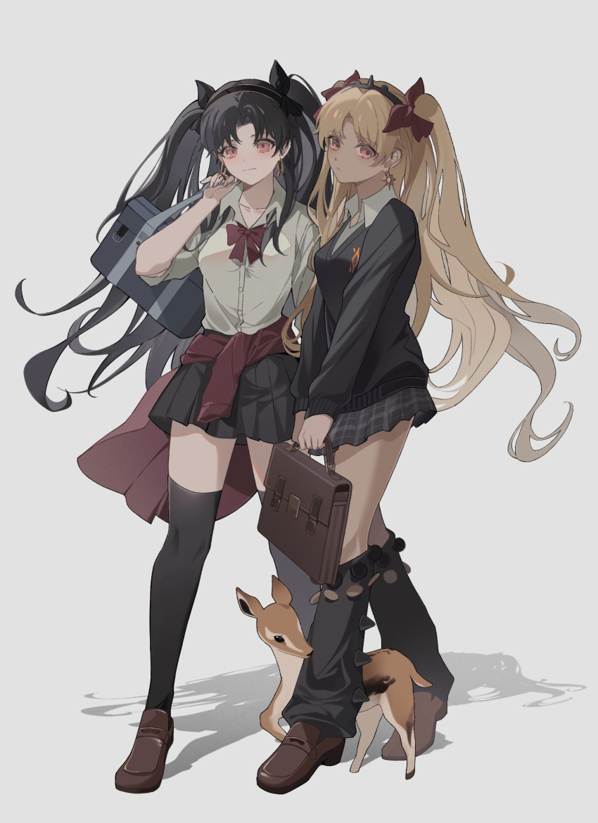 2girls, alternate_costume, bag, black_hair, black_skirt, black_sweater, black_thighhighs, blonde_hair, bow, bowtie, brown_footwear, closed_mouth, clothes_around_waist, collared_shirt, commentary_request, dark-skinned_female, dark_skin, dullnoko, earrings, ereshkigal_(fate), ereshkigal_alter_(fate), fate/grand_order, fate_(series), fawn, full_body, grey_background, grey_shirt, gyaru, hairband, hand_up, highres, holding, holding_bag, ishtar_(fate), jewelry, leg_warmers, loafers, long_hair, long_sleeves, looking_at_viewer, multiple_girls, parted_bangs, plaid, plaid_skirt, pleated_skirt, red_bow, red_bowtie, red_eyes, red_hairband, red_sweater, school_bag, shirt, shoes, siblings, simple_background, sisters, skirt, sweater, sweater_around_waist, thigh-highs, twintails, very_long_hair