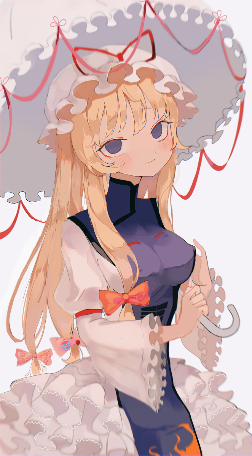 1girl, absurdres, blonde_hair, closed_mouth, comkdom, commentary, dress, flame_print