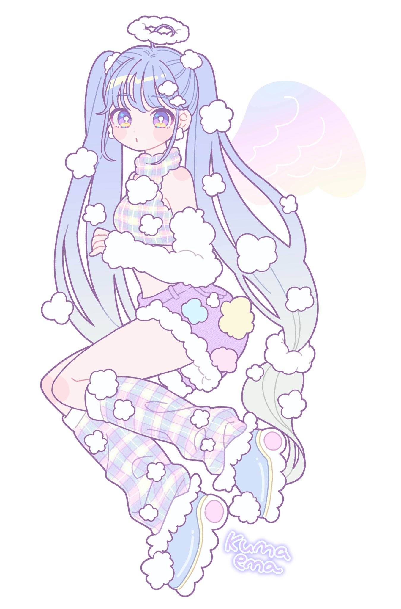 1girl, angel, angel_wings, blue_hair, cloud_hair_ornament, cloud_halo, clouds, feathered_wings, full_body, halo, highres, light_blue_hair, long_hair, looking_at_viewer, multicolored_eyes, nokanok, original, purple_shorts, shorts, solo, twintails, violet_eyes, white_background, wings, yellow_eyes