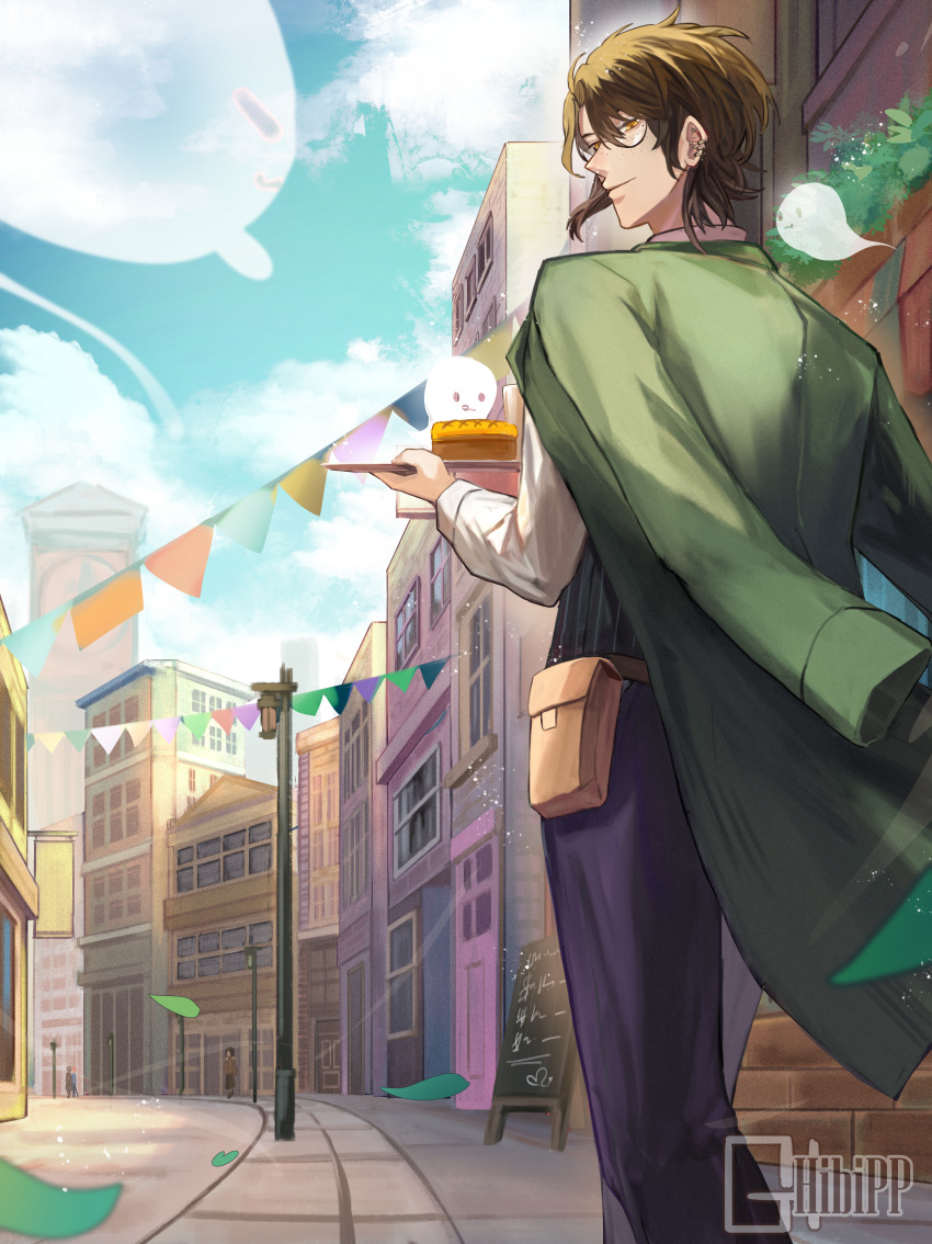 1boy, absurdres, artist_name, black_pants, brown_eyes, brown_hair, building, city