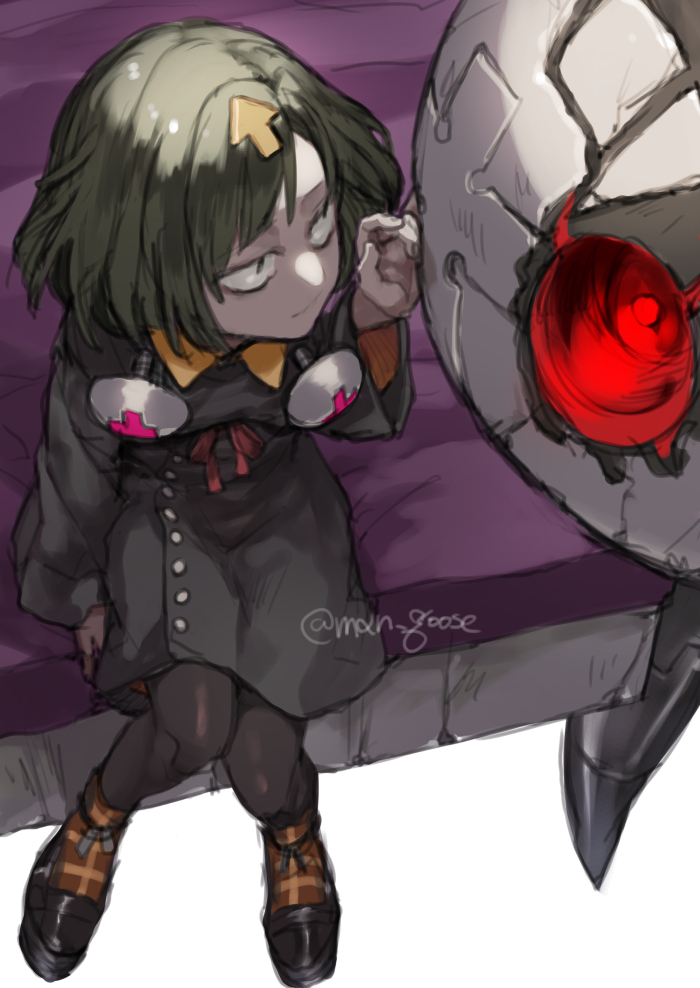 1girl, arrow_(symbol), bags_under_eyes, bed, bedman?, black_dress, bolt, crack, delilah_(guilty_gear), dress, full_body, guilty_gear, guilty_gear_strive, long_sleeves, looking_at_another, looking_to_the_side, maka_(morphine), robot, simple_background, sitting, twitter_username, white_background