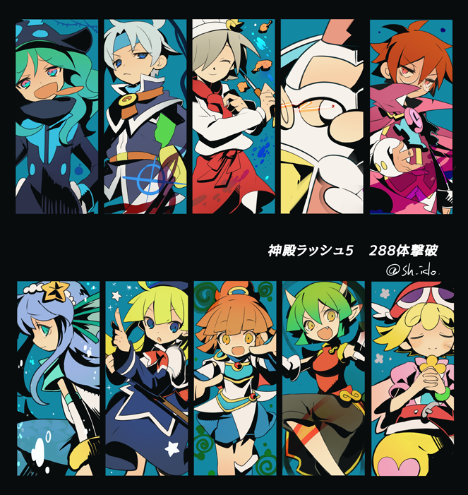 5boys, 5girls, amitie_(puyopuyo), arle_nadja, blonde_hair, blue_background, blue_eyes, blue_hair