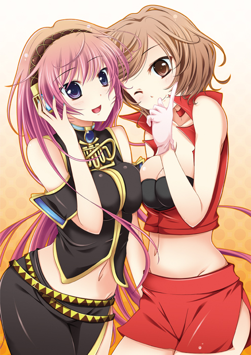 bad_id, blue_eyes, breast_press, breasts, brown_eyes, brown_hair, cl4, cleavage