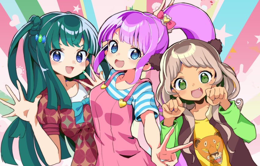 3girls, :3, :d, animal_print, blue_bow, blue_eyes, blunt_bangs, blush