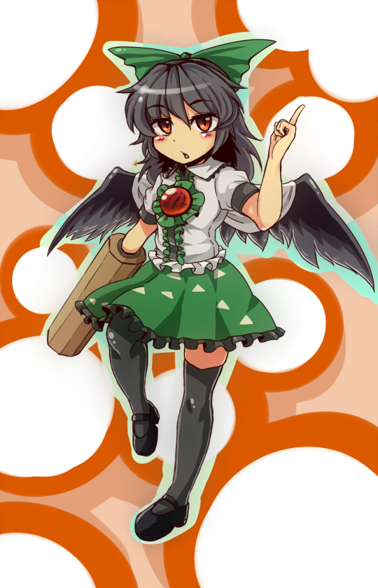 1girl, alternate_footwear, arm_cannon, black_footwear, black_hair, black_thighhighs, black_wings, bow