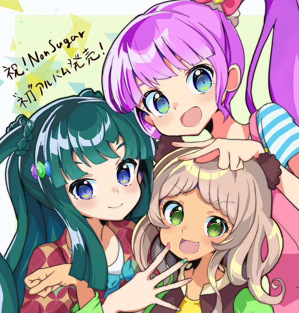3girls, :3, :d, blue_bow, blue_eyes, blue_shirt, blunt_bangs, blush