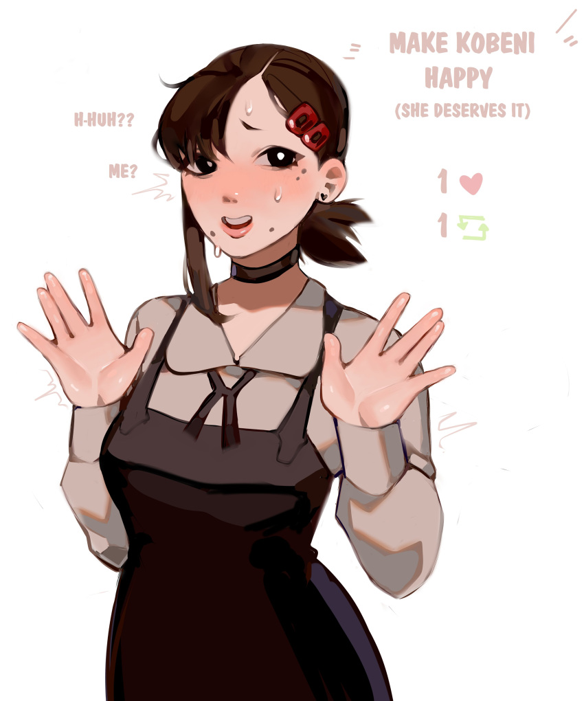 1girl, absurdres, black_choker, brown_hair, chainsaw_man, choker, dress, earrings, hair_ornament, hairclip, heart, heart_earrings, higashiyama_kobeni, highres, jewelry, like_and_retweet, looking_at_viewer, maggoo, mole, mole_under_eye, mole_under_mouth, open_mouth, pinafore_dress, short_hair, short_ponytail, simple_background, single_sidelock, solo, sweat, swept_bangs, white_background