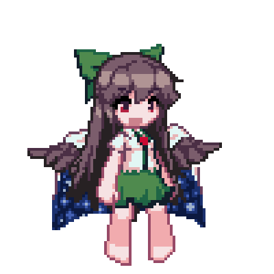 1girl, barefoot, bow, breasts, cape, feathered_wings, full_body, green_bow, green_skirt, hair_bow, honyaa_(honya--1123), long_hair, lowres, open_mouth, pixel_art, red_eyes, reiuji_utsuho, shirt, simple_background, skirt, small_breasts, solo, third_eye_on_chest, touhou, white_background, white_cape, white_shirt, wings