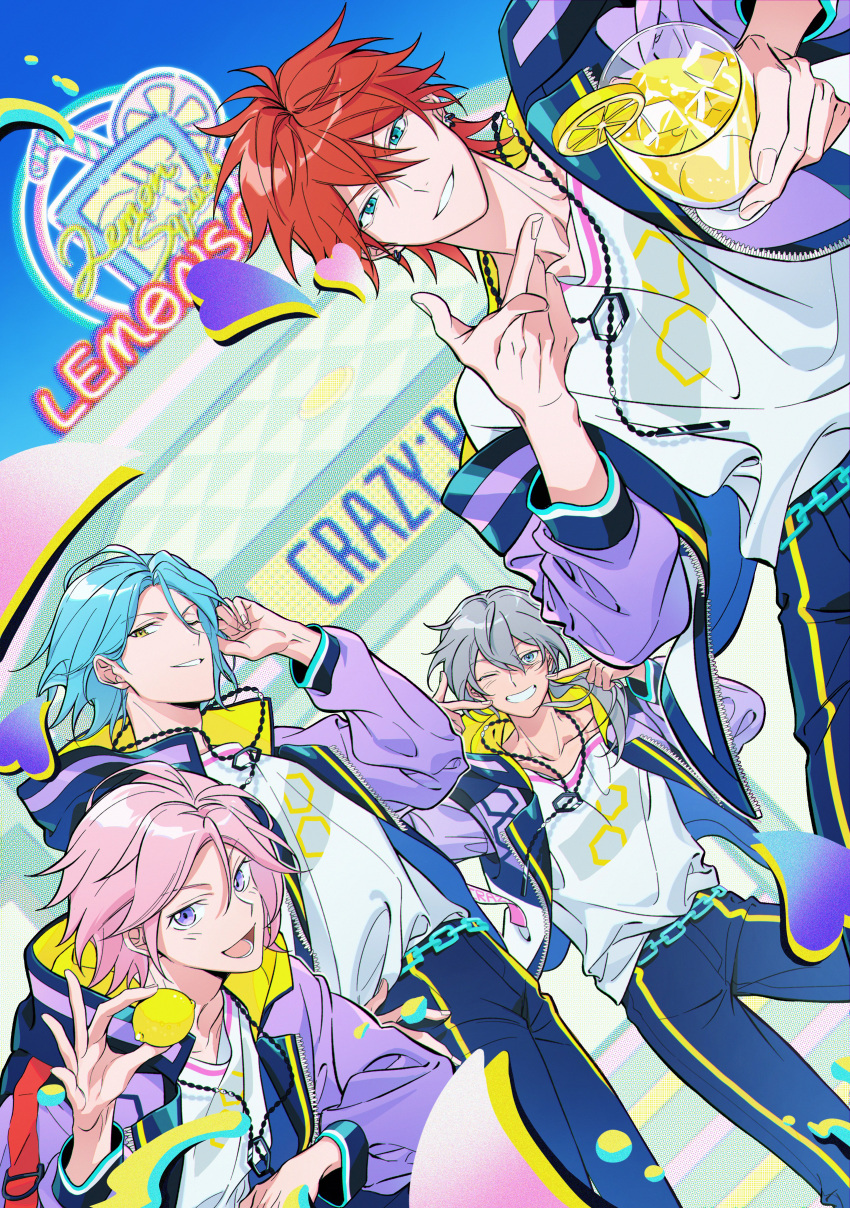 4boys, :d, absurdres, amagi_rinne, arms_up, blue_eyes, blue_hair, blue_pants