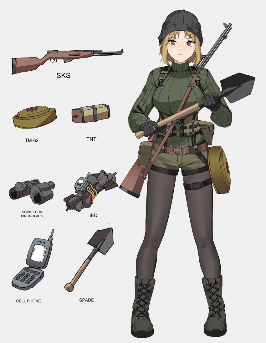 1girl, absurdres, ammunition_pouch, anti-tank_mine, beanie, belt, binoculars, black_footwear