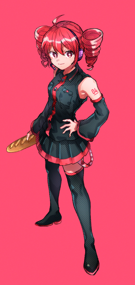 1girl, ahoge, baguette, black_footwear, black_shirt, black_skirt, boots, bread