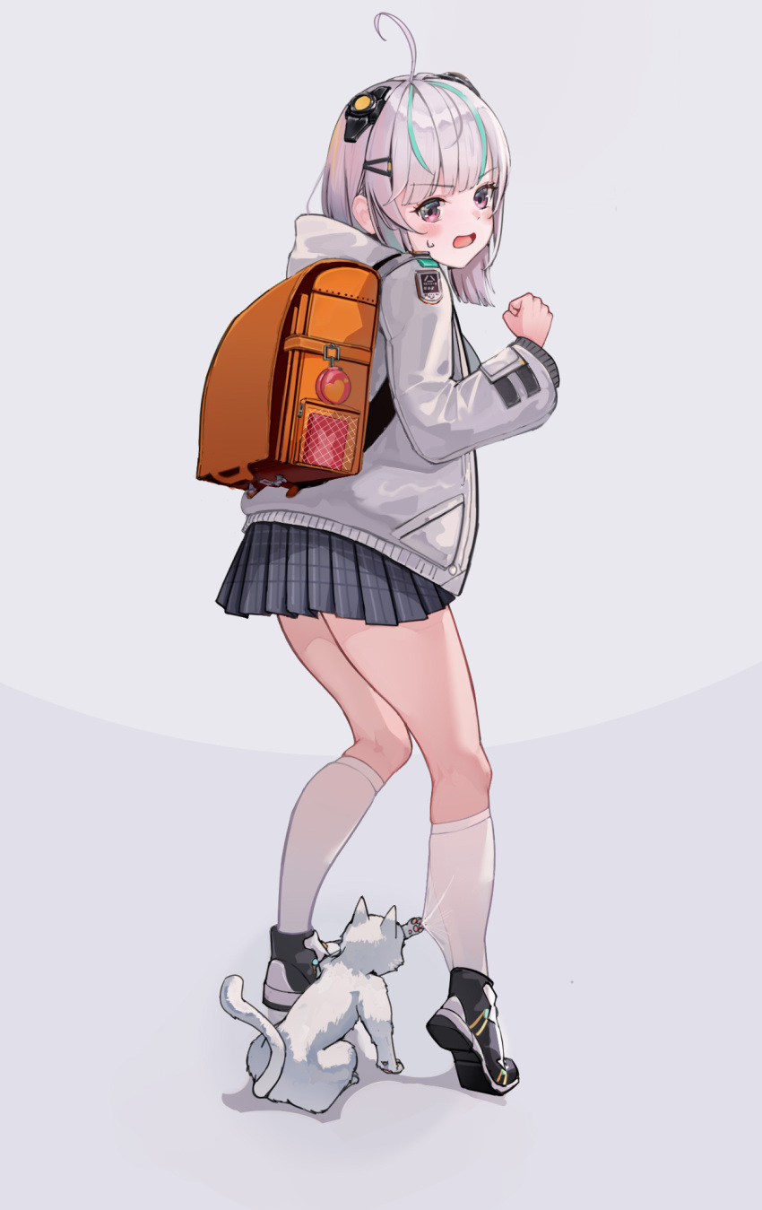 1girl, 643994722, :/, admi_(nikke), ahoge, bag, black_skirt, bow