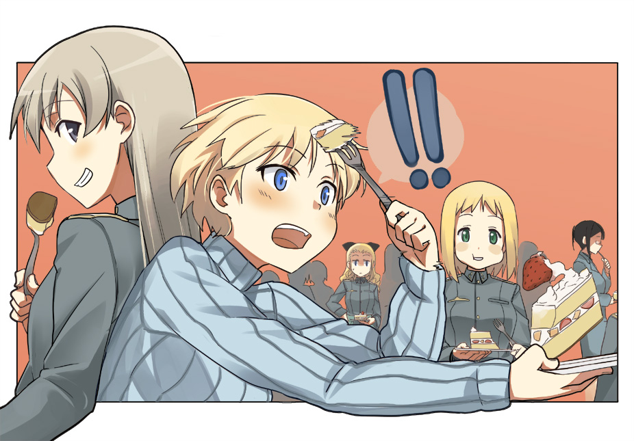 5girls, blonde_hair, blue_eyes, blush, cake, eila_ilmatar_juutilainen, elma_leivonen, food