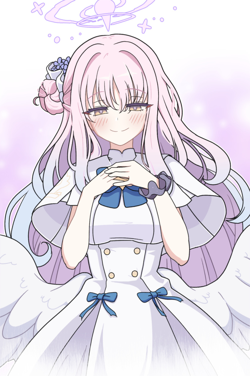 1girl, blue_archive, blunt_bangs, blush, bow, capelet, commentary_request, dress