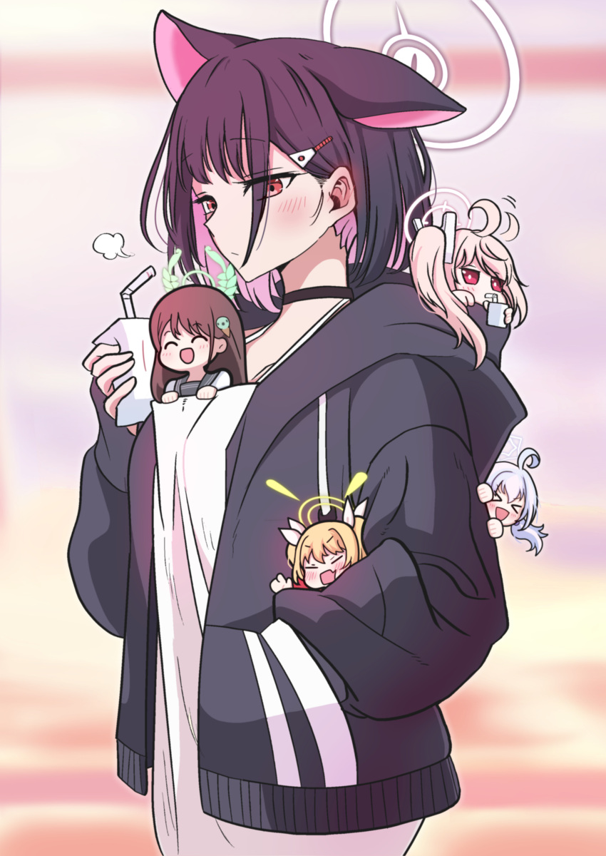 >_<, 5girls, :d, ^_^, absurdres, ahoge, ahoge_wag, airi_(blue_archive), alternate_costume, black_hair, black_jacket, blonde_hair, blue_archive, casual, cat_girl, choker, closed_eyes, colored_inner_hair, commentary_request, dress, drinking, expressive_hair, food-themed_hair_ornament, from_side, hair_between_eyes, hair_ornament, hair_ribbon, hairclip, hand_in_pocket, highres, holding_carton, hood, hooded_jacket, ice_cream_hair_ornament, jacket, kazusa_(blue_archive), long_hair, long_sleeves, looking_at_viewer, looking_away, milk_carton, minigirl, multicolored_hair, multiple_girls, natsu_(blue_archive), peeking_out, pink_hair, purple_hair, red_eyes, red_jacket, reisa_(blue_archive), ribbon, riffle_hunter, school_uniform, serafuku, sidelocks, size_difference, smile, two-tone_hair, white_dress, xd, yoshimi_(blue_archive)