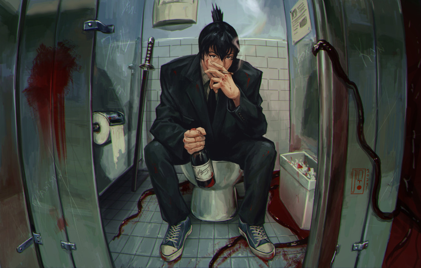 1boy, absurdres, bathroom, black_hair, black_jacket, black_necktie, black_pants, blood