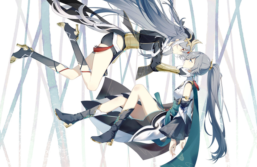2girls, absurdres, asymmetrical_clothes, bare_legs, blue_eyes, chinese_clothes, chinese_commentary, dual_persona
