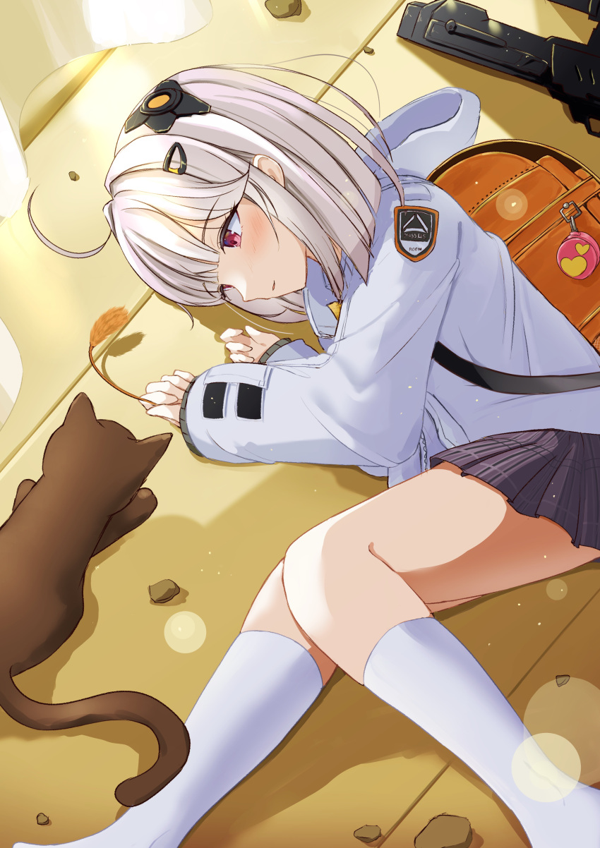 1girl, absurdres, admi_(nikke), ahoge, bag, black_skirt, bow, bowtie, breasts, buri-chan_(britishpine1989), cat, collared_shirt, floor, goddess_of_victory:_nikke, green_hair, grey_sweater, hair_ornament, hairclip, highres, jacket, light_blush, long_sleeves, lying, medium_hair, miniskirt, multicolored_hair, on_side, open_clothes, open_jacket, pink_eyes, pleated_skirt, school_bag, school_uniform, shirt, shoes, simple_background, skirt, sleeves_past_wrists, small_breasts, socks, solo, streaked_hair, sweater, thighs, weapon, white_hair, white_jacket, white_shirt, white_socks, yellow_bow, yellow_bowtie