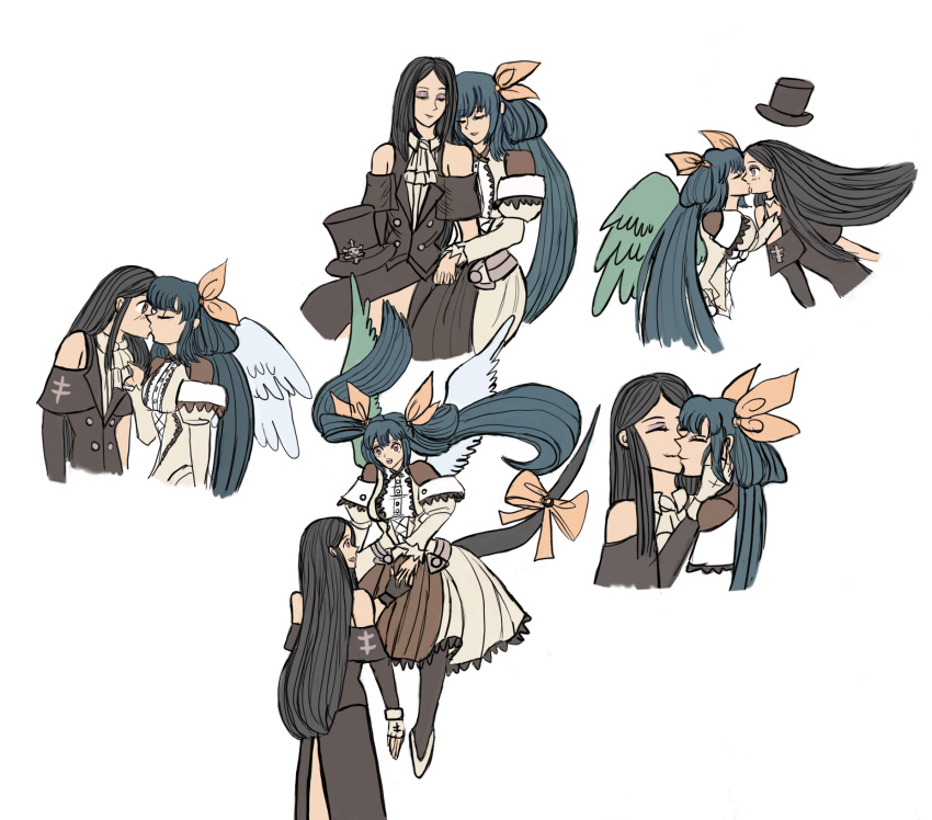 1girl, 1other, black_hair, blue_hair, couple, couple_in_love, dizzy_(guilty_gear), dress
