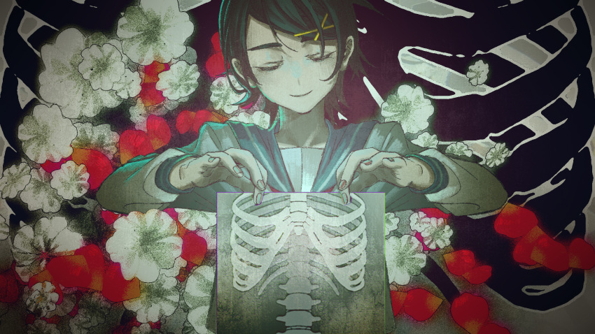1girl, black_hair, blue_sailor_collar, closed_eyes, closed_mouth, commentary_request, facing_viewer, floral_background