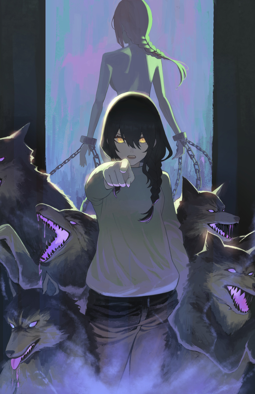 2girls, absurdres, animal, black_hair, braid, braided_ponytail, chainsaw_man, cuffs