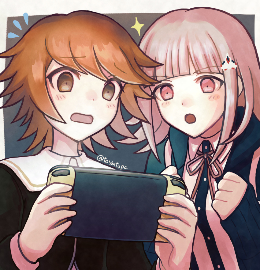 1boy, 1girl, artist_name, backpack, bag, blush_stickers, border, brown_eyes