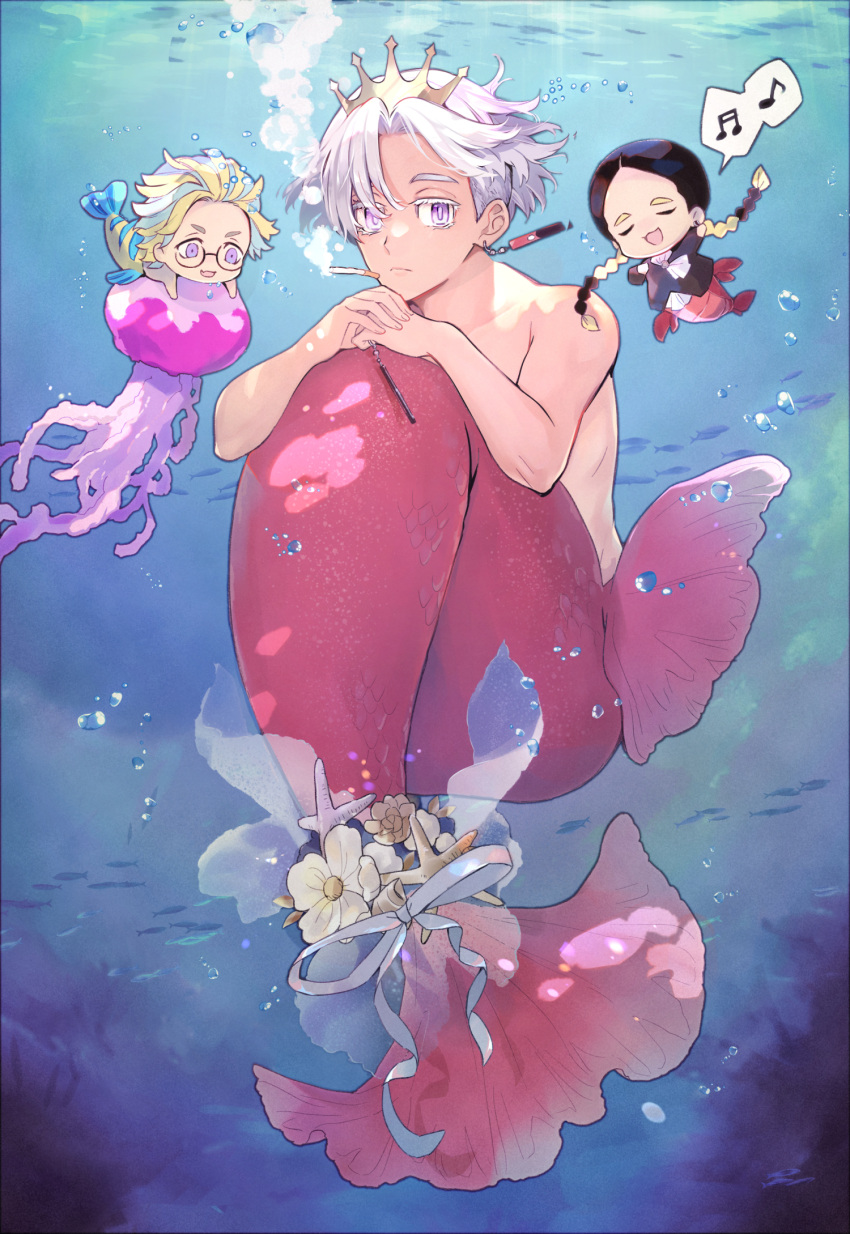 3boys, air_bubble, animal, arthropod_boy, blue_background, bmw_(man24), braid, bright_pupils, bubble, chibi, cigarette, closed_mouth, colored_eyelashes, completely_nude, crab_boy, earrings, fins, fish, flower, full_body, glasses, haitani_ran, haitani_rindou, highres, holding, jellyfish, jewelry, kurokawa_izana, looking_at_another, looking_at_viewer, male_focus, merman, monster_boy, monsterification, multicolored_hair, multiple_boys, music, musical_note, nude, red_scales, ribbon, scales, short_hair, singing, spoken_musical_note, starfish, streaked_hair, tail, tail_flower, tail_ornament, tail_ribbon, tiara, tokyo_revengers, twin_braids, underwater, violet_eyes, white_flower, white_hair