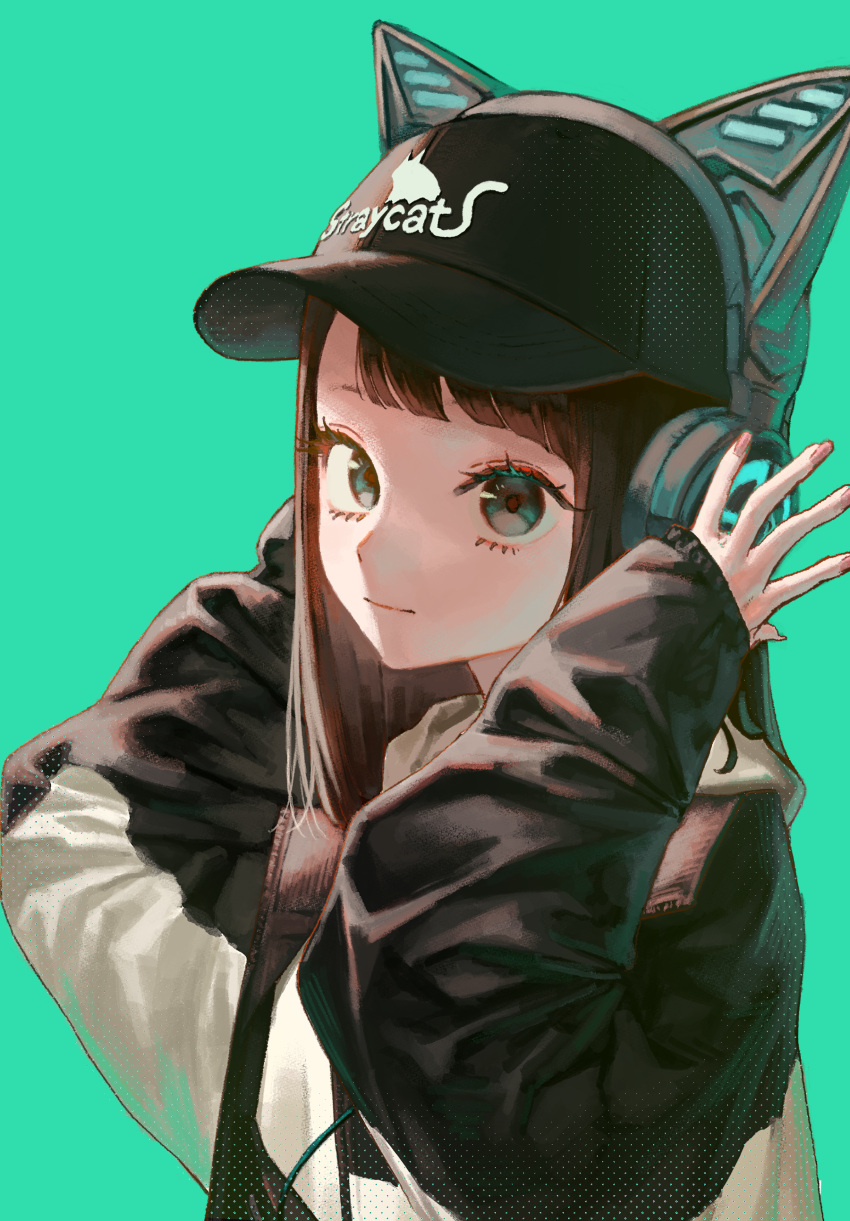 1girl, absurdres, animal_ear_headphones, animal_ears, aqua_background, baseball_cap, black_headwear, black_sweater, brown_hair, cat_ear_headphones, closed_mouth, expressionless, fake_animal_ears, green_eyes, hands_up, hat, headphones, highres, long_hair, looking_at_viewer, matsu_bokkuri, original, solo, sweater, upper_body