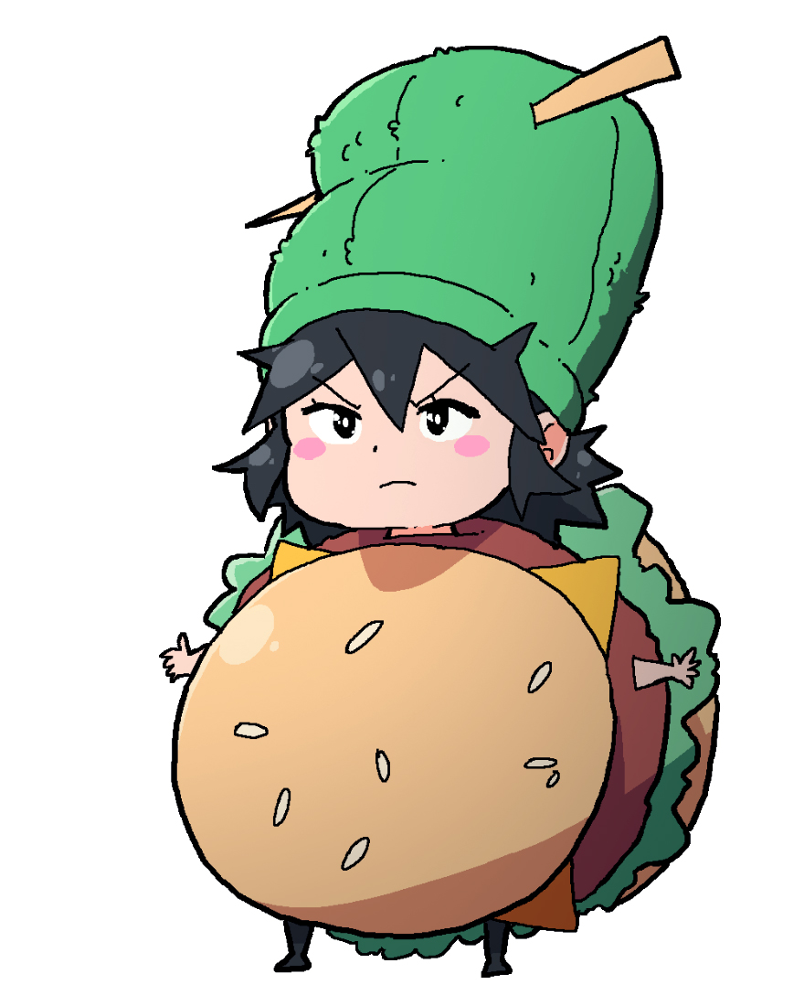1girl, black_eyes, black_hair, blush, bright_pupils, bun_(food), burger, burger_costume, cheese, chibi, food, food-themed_clothes, full_body, green_headwear, lettuce, lucia_(scott_malin), medium_hair, original, scott_malin, serious, shadow, simple_background, solo, standing, white_background, white_pupils