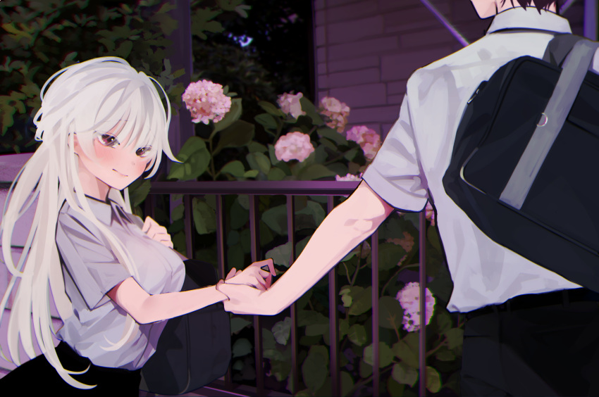1boy, 1girl, bad_id, bad_twitter_id, bag, black_pants, black_skirt, blush