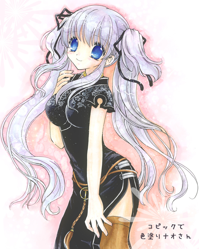 1girl, black_dress, black_ribbon, blue_eyes, blush, breasts, brown_thighhighs, closed_mouth, dress, floral_print, grey_hair, hair_between_eyes, hair_ribbon, hand_up, jewelry, long_hair, looking_at_viewer, mabinogi, marker_(medium), medium_breasts, nao_(mabinogi), neck_ring, print_dress, ribbon, shararan, side_slit, sidelocks, smile, solo, standing, thigh-highs, traditional_media, twintails, very_long_hair, zettai_ryouiki
