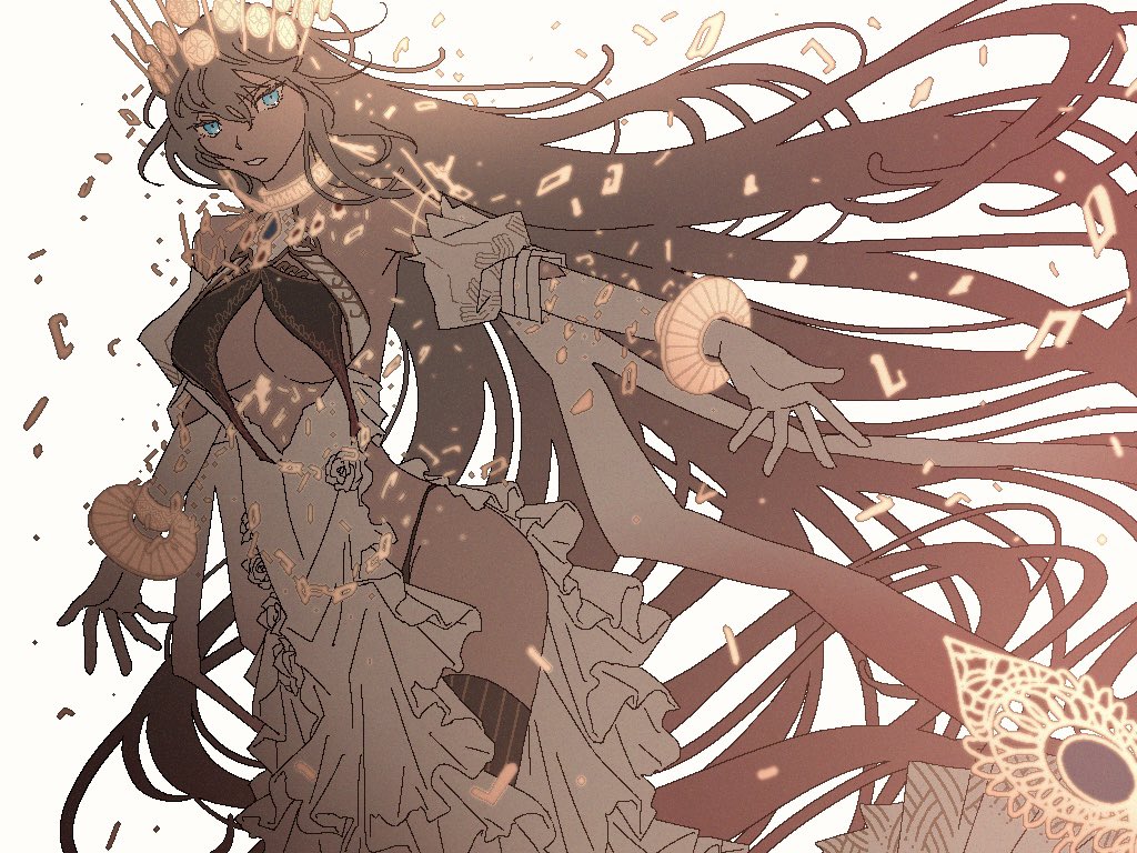 blue_eyes, bracelet, breaking, breasts, chain, cleavage_cutout, clothing_cutout, crown, detached_sleeves, dress, fate/grand_order, fate_(series), gold_chain, gold_choker, jewelry, large_breasts, long_hair, m_12170, multicolored_hair, pink_hair, tan, thigh-highs, under_boob, wide_hips, zenobia_(fate)