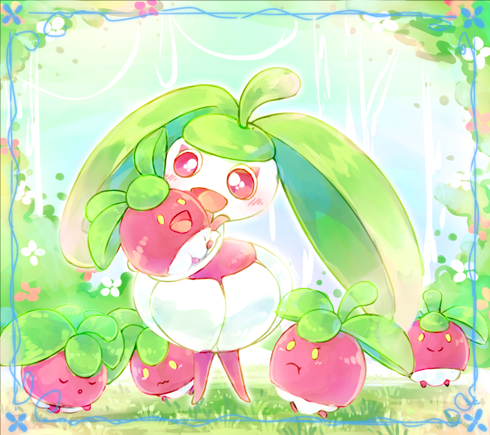 :d, :o, blush, bounsweet, bush, carrying, closed_eyes, closed_mouth, commentary_request, flower, framed, frown, full_body, grass, happy, jealous, looking_at_another, no_humans, open_mouth, painting_(medium), pokemon, pokemon_(creature), pout, putto, red_eyes, sleeping, smile, split_mouth, standing, steenee, traditional_media, u_u, v-shaped_eyebrows, watercolor_(medium), wavy_mouth, yellow_eyes