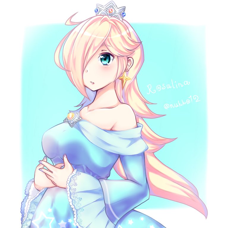 1girl, blonde_hair, blue_dress, blue_eyes, brooch, character_name, crown, dress, earrings, hair_over_one_eye, jewelry, long_hair, long_sleeves, nukoko12, off-shoulder_dress, off_shoulder, own_hands_together, parted_lips, rosalina, solo, star_(symbol), star_earrings, super_mario_bros., super_smash_bros., twitter_username