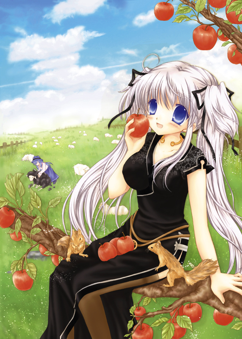2girls, :d, ahoge, animal, apple, black_dress, black_ribbon, black_sheep