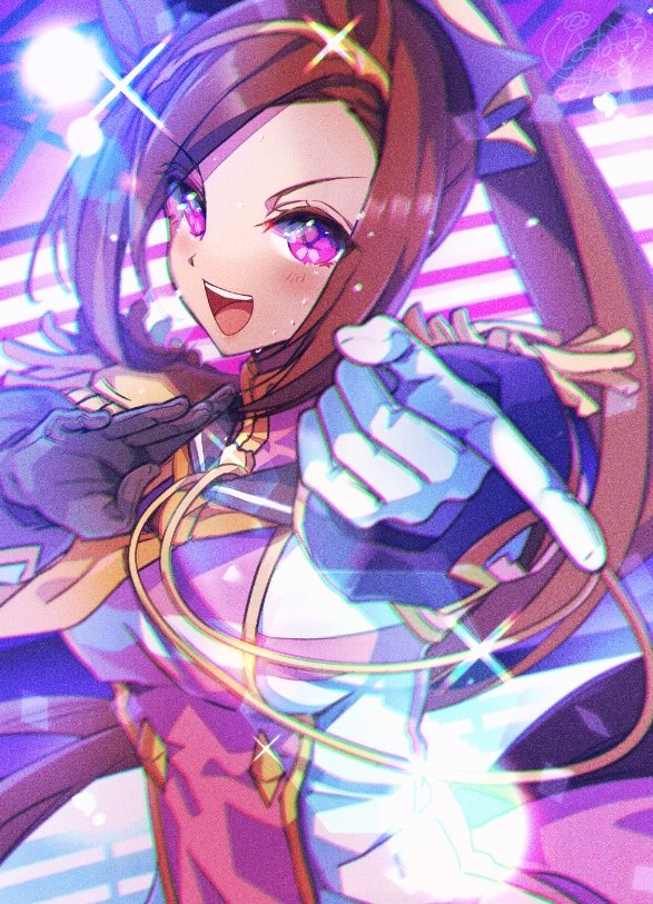 1girl, animal_ears, asymmetrical_gloves, black_gloves, blush, breasts, brown_hair, epaulettes, glint, gloves, hairband, hanaozi_hin, hands_up, horse_ears, jacket, long_hair, looking_at_viewer, mismatched_gloves, open_mouth, pointing, pointing_at_viewer, ponytail, sakura_bakushin_o_(umamusume), small_breasts, smile, solo, stage_lights, sweat, umamusume, upper_body, violet_eyes, white_gloves