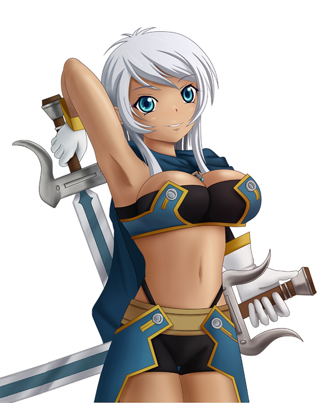 dark_skin, gloves, long_hair, midriff, navel, rondorine, shorts, silver_hair, smile, sword, tales_of_phantasia