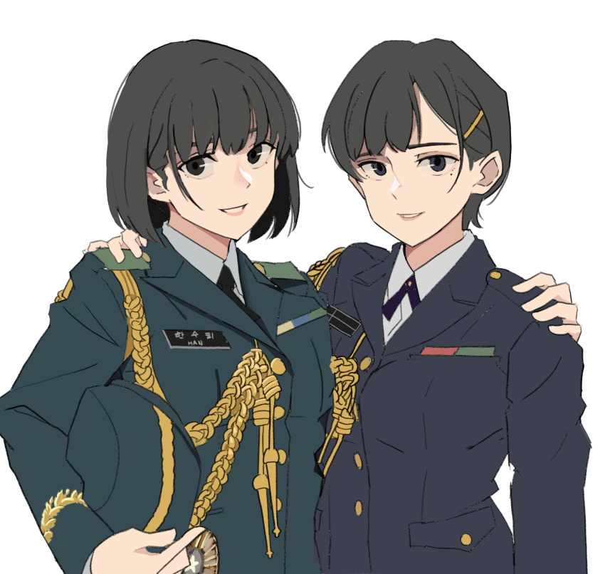 2girls, black_hair, black_jacket, blue_headwear, blue_jacket, carrying, carrying_under_arm, collared_shirt