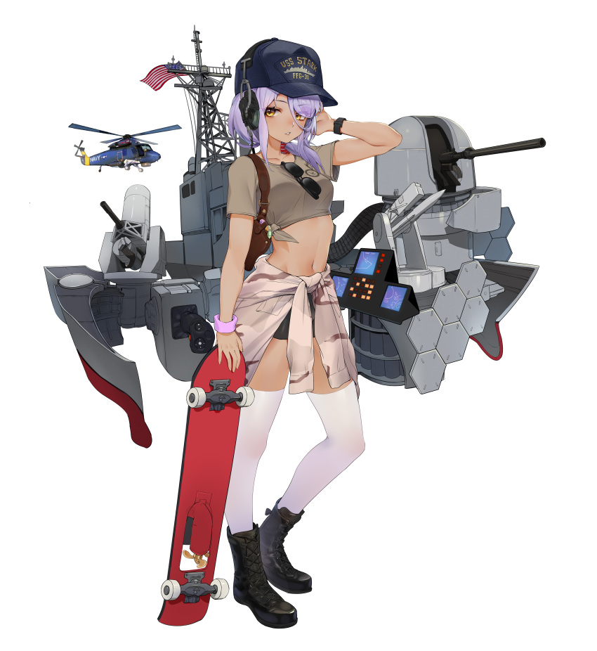 1girl, absurdres, aircraft, american_flag, baseball_cap, bike_shorts, black_footwear, black_shorts