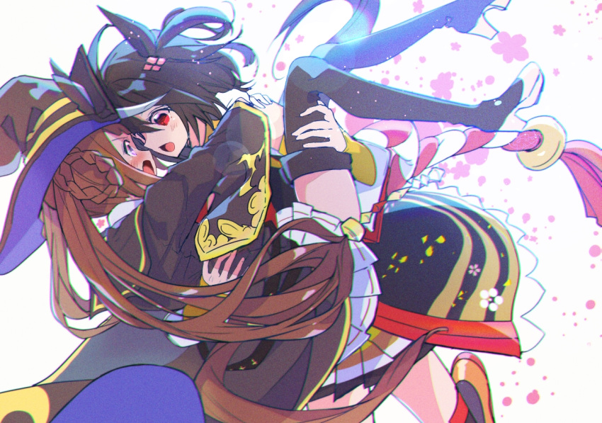 2girls, animal_ears, black_hair, black_robe, black_thighhighs, blush, brown_eyes, carrying